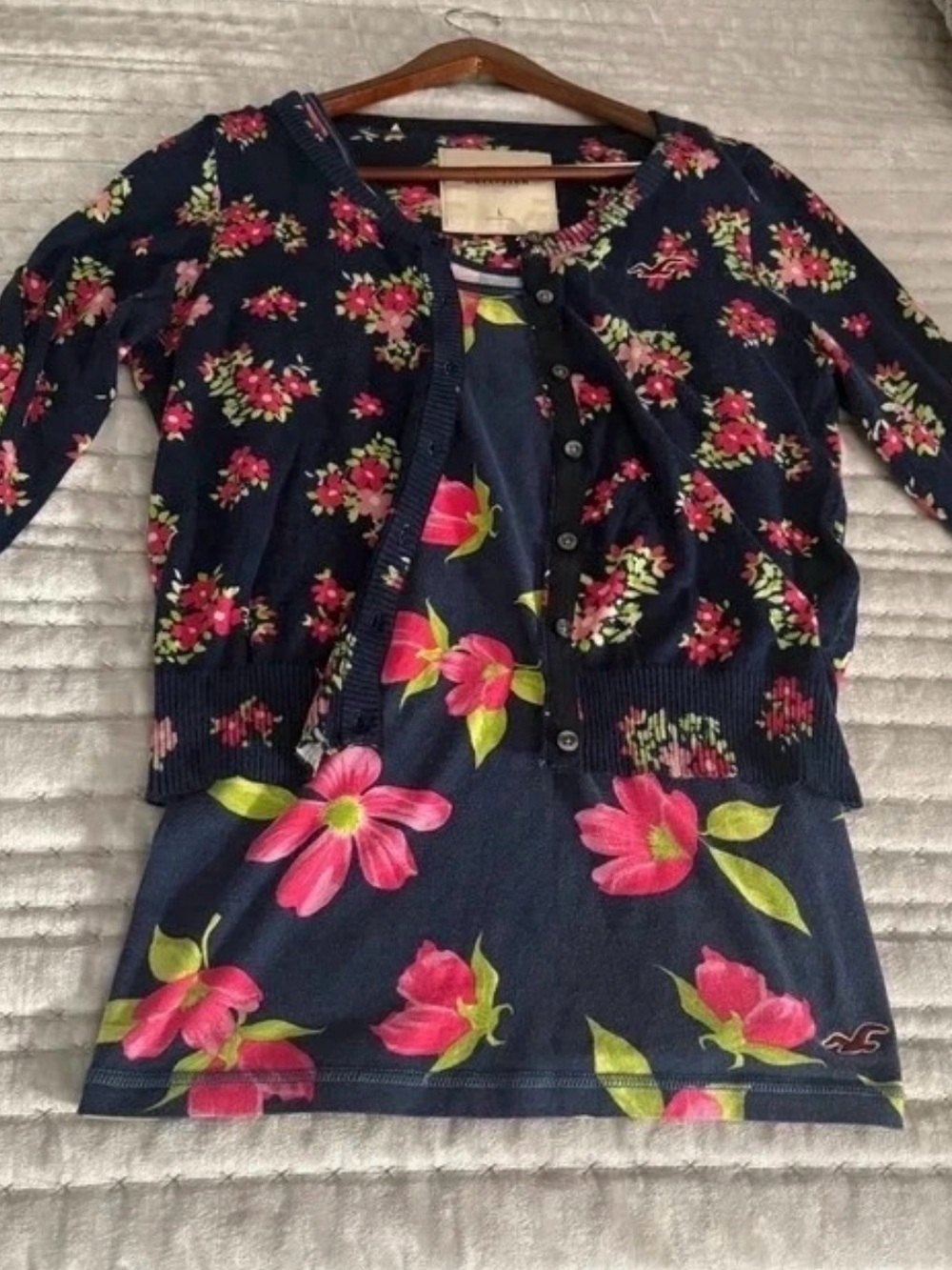 Hollister Navy Floral Button Cardigan and tank with Pink & Green Accents